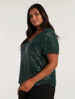 Lizzy Curve V-Neck Sequin Tee