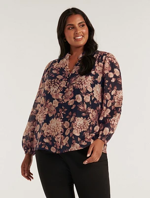 Amelia Curve Printed Button-Down Blouse Black/Pink Floral Print - 12 to 20 Women's Plus Blouses