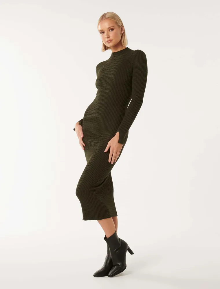 Georgia Textured Column Knit Dress Dark Green - 0 to 12 Women's Midi Dresses