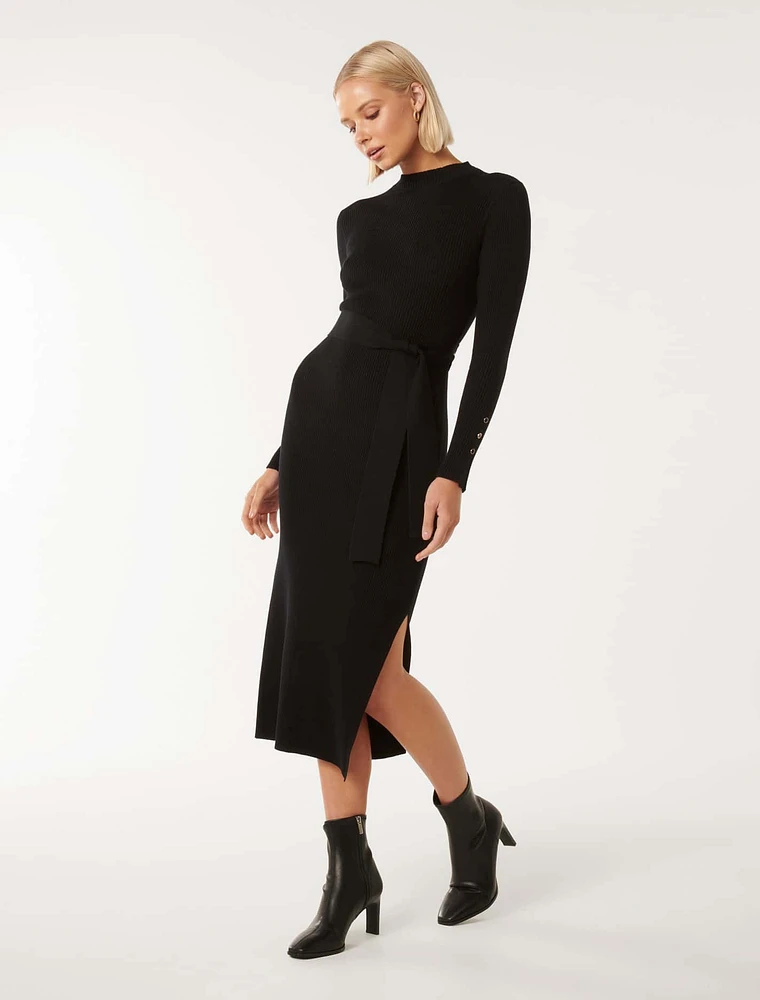 Lily Rib Column Knit Dress Black - 0 to 12 Women's Midi Dresses