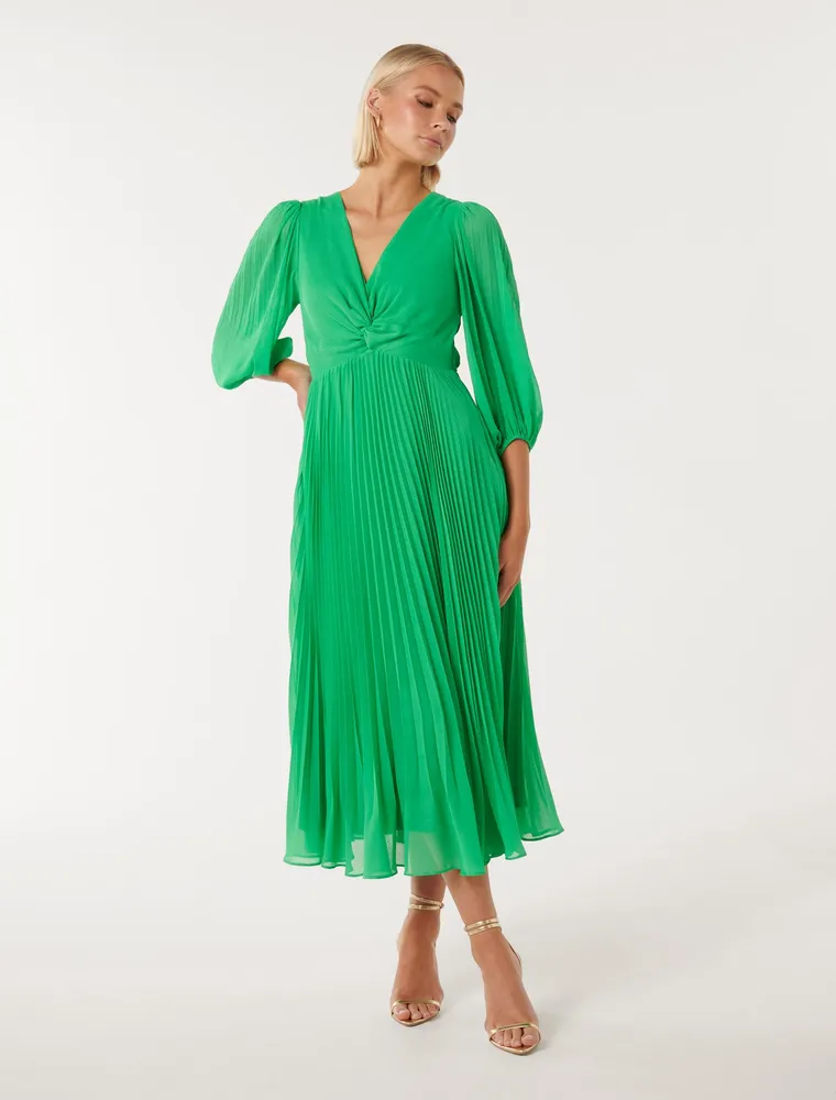 Viviana Twist-Front Pleated Midi Dress