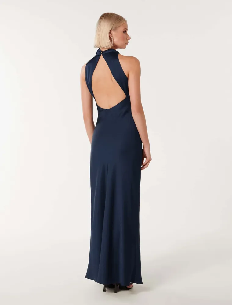 Michelle Open-Back Satin Maxi Dress Navy - 0 to 12 Women's Event Dresses