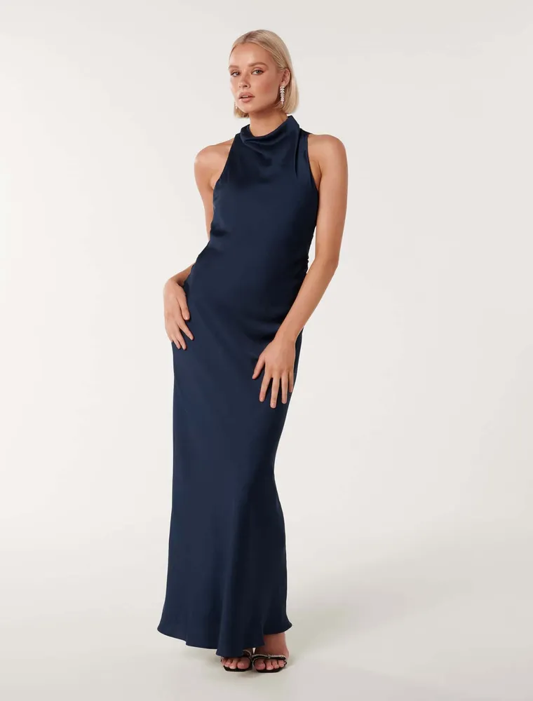 Michelle Open-Back Satin Maxi Dress Navy - 0 to 12 Women's Event Dresses