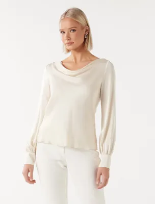 Beau Bias Cut Satin Top in Beige - Size 0 to 12 - Women's Tops