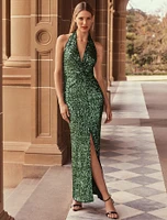 Brooke Sequin Halter Neck Gown Dark Green - 0 to 12 Women's Occasion Dresses