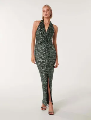 Brooke Sequin Halter Neck Gown Dark Green - 0 to 12 Women's Occasion Dresses