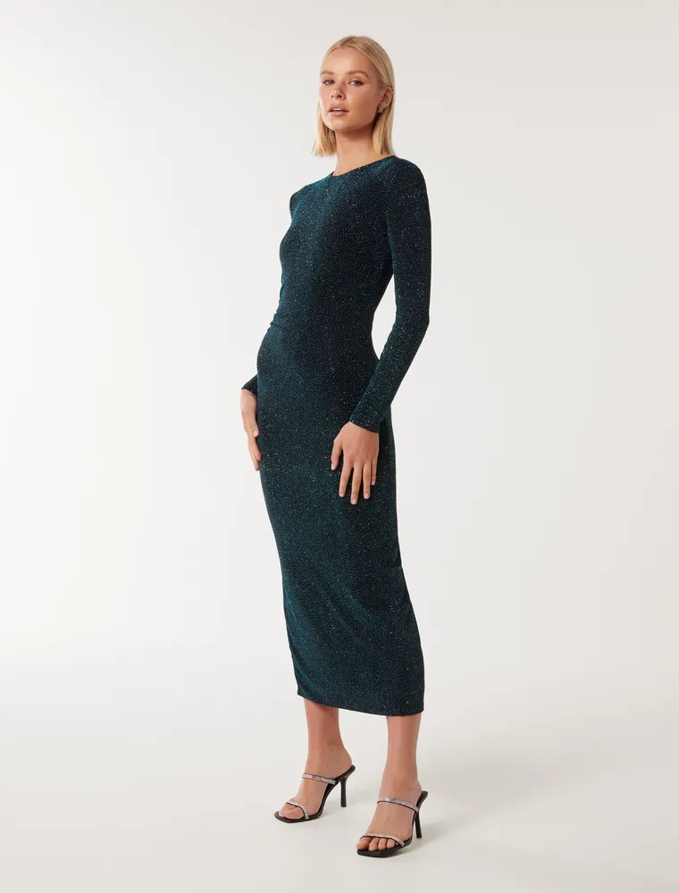 Monica Ruched Glitter Bodycon Dress Dark Green - 0 to 12 Women's Event Dresses