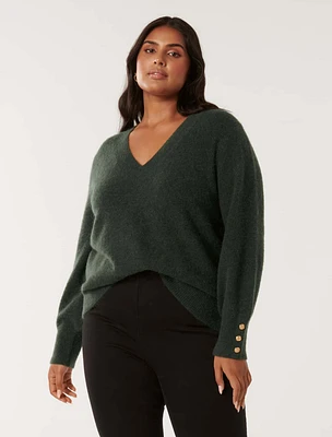 Emani Curve V-Neck Knit Sweater Dark Green - 12 to 20 Women's Plus Jumpers