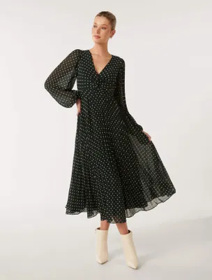 Veronica Pleated Midi Dress in Black Polka Dot - Size 0 to 12 - Women's Midi Dresses
