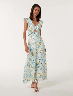 Lara Petite Linen Ruffle Midi Dress Blue Floral Print - 0 to 12 Women's Dresses
