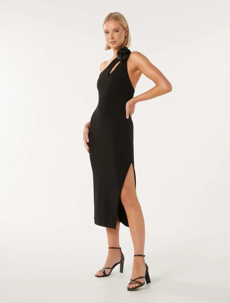 Petal One-Shoulder Rosette Midi Dress in Black - Size 0 to 12 - Women's Event Dresses