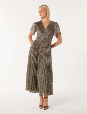Devyn Flutter-Sleeve Plisse Midi Dress