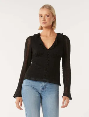 Demi Embroidered Frill Top Black - 0 to 12 Women's Casual Tops