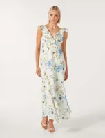 Flora Ruffle Midi Dress in White Floral Print - Size 0 to 12 - Women's Midi Dresses