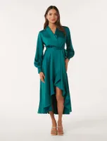 Audrey Petite Wrap Satin Midi Dress in Green - Size 0 to 12 - Women's Petite Occasion Dresses