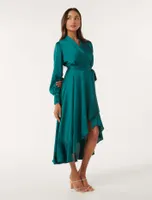 Audrey Petite Wrap Satin Midi Dress in Green - Size 0 to 12 - Women's Petite Occasion Dresses