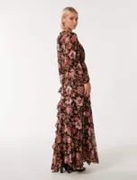 Maria Ruffle Maxi Dress Dark Floral Print - 0 to 12 Women's Day Dresses