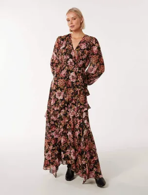 Maria Ruffle Maxi Dress Dark Floral Print - 0 to 12 Women's Day Dresses
