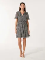 Elouise Ruffle-Sleeve Mini Dress Black and White Geo Print - 0 to 12 Women's Dresses