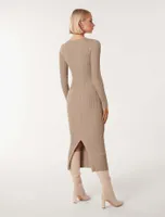 Evie Long-Sleeve Rib Knit Dress in Light Brown - Size 0 to 12 - Women's Knit Dresses