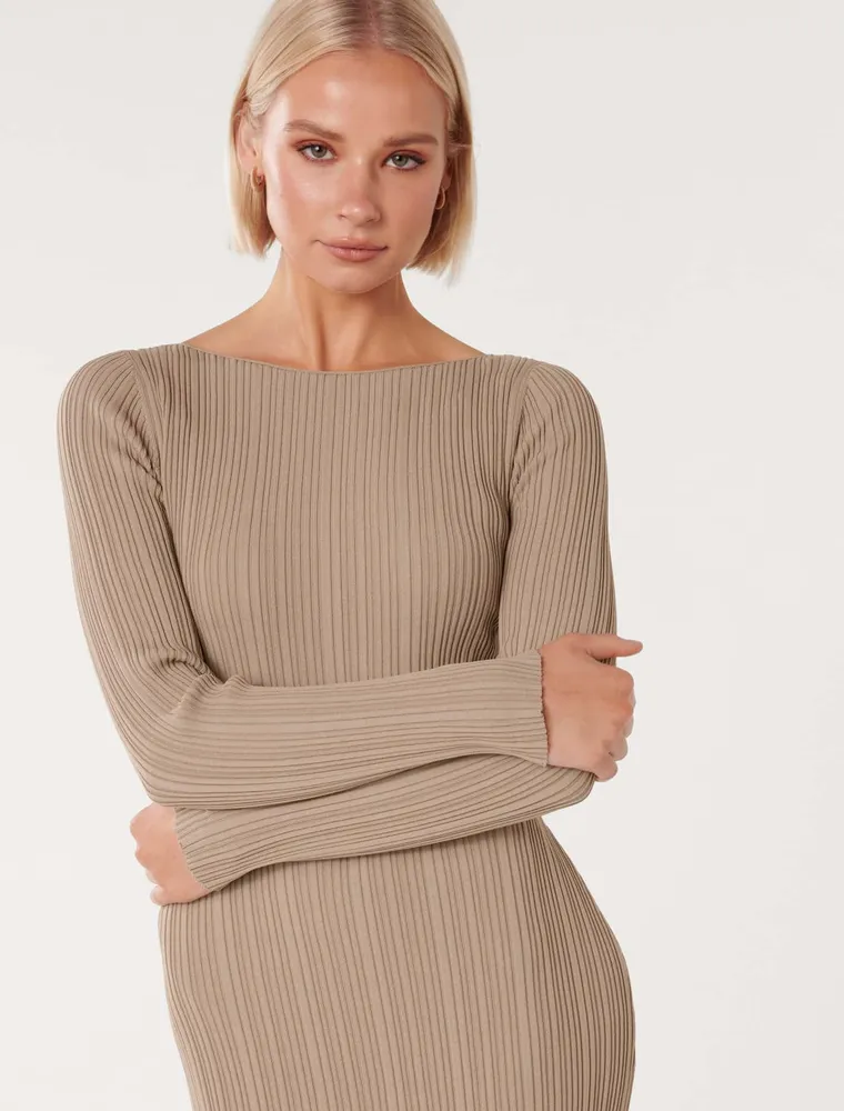 Evie Long-Sleeve Rib Knit Dress in Light Brown - Size 0 to 12 - Women's Knit Dresses