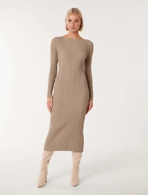 Evie Long-Sleeve Rib Knit Dress in Light Brown - Size 0 to 12 - Women's Knit Dresses