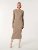 Evie Long-Sleeve Rib Knit Dress in Light Brown - Size 0 to 12 - Women's Knit Dresses