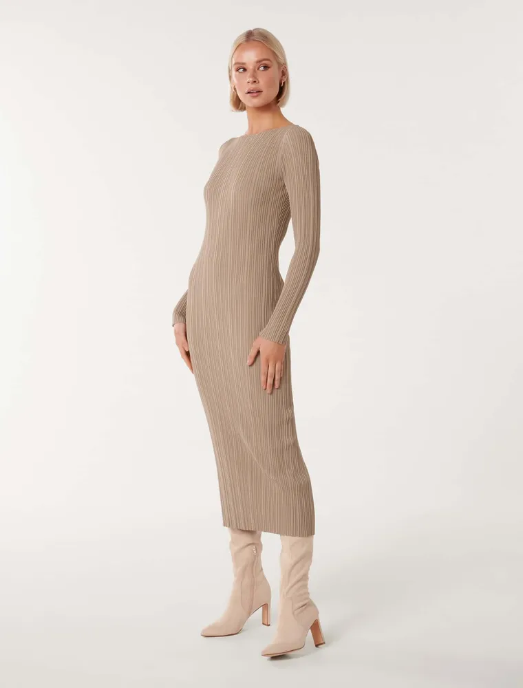 Evie Long-Sleeve Rib Knit Dress in Light Brown - Size 0 to 12 - Women's Knit Dresses