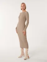 Evie Long-Sleeve Rib Knit Dress in Light Brown - Size 0 to 12 - Women's Knit Dresses