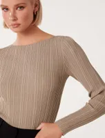 Evie Long-Sleeve Rib Knit Top in Light Brown - Size 0 to 12 - Women's Casual Tops