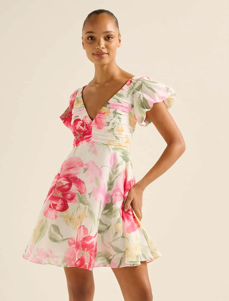 June Ruched V-Neck Mini Dress