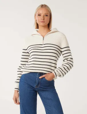 Danielle Quarter-Zip Knit Sweater Cream/Navy Stripe - 0 to 12 Women's Outerwear