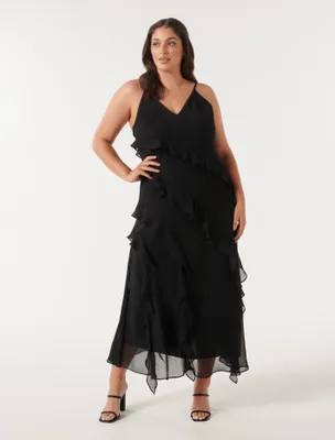 Poppy Curve Asymmetrical Ruffle Gown Black - 12 to 20 Women's Plus Event Dresses