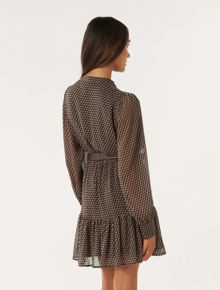 Shiri Petite Belted Mini Dress in Brown Geo Print - Size 0 to 12 - Women's Petite Mini Dresses