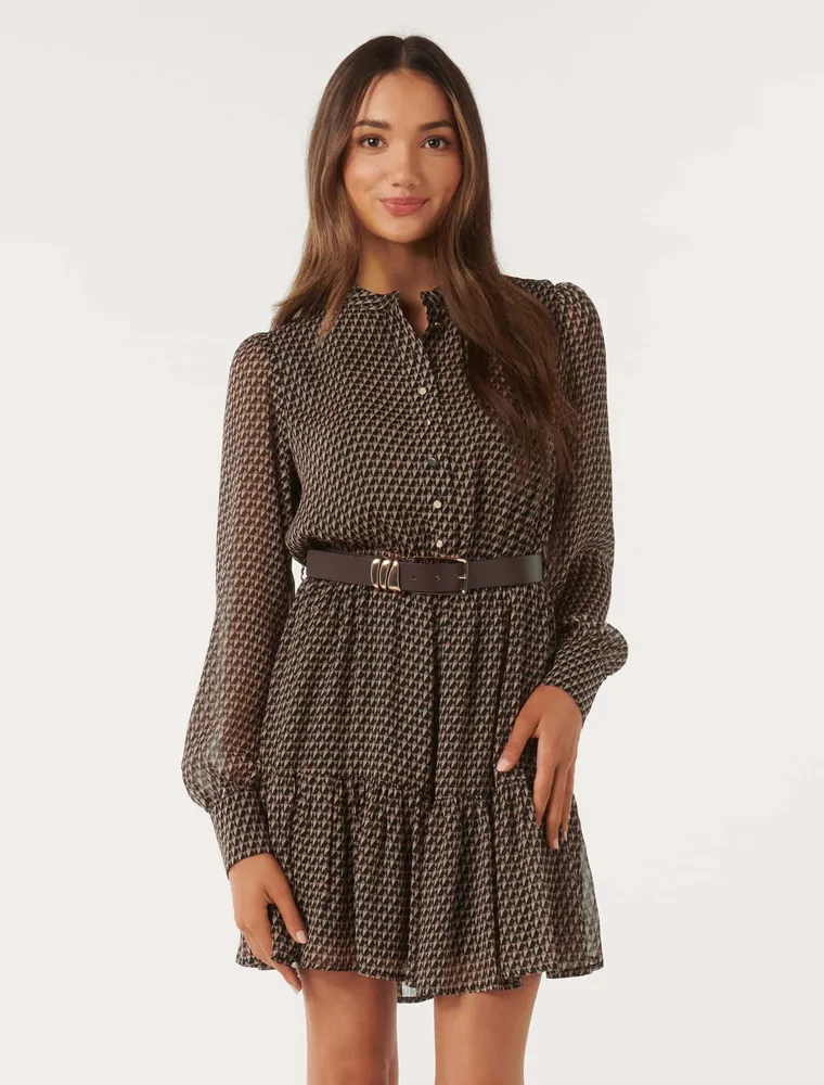 Shiri Petite Belted Mini Dress in Brown Geo Print - Size 0 to 12 - Women's Petite Mini Dresses