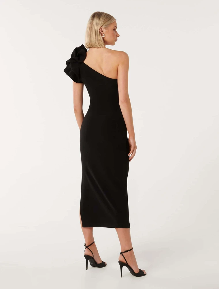 Celeste One-Shoulder Ruffle Bodycon Dress Black