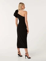 Celeste One-Shoulder Ruffle Bodycon Dress Black