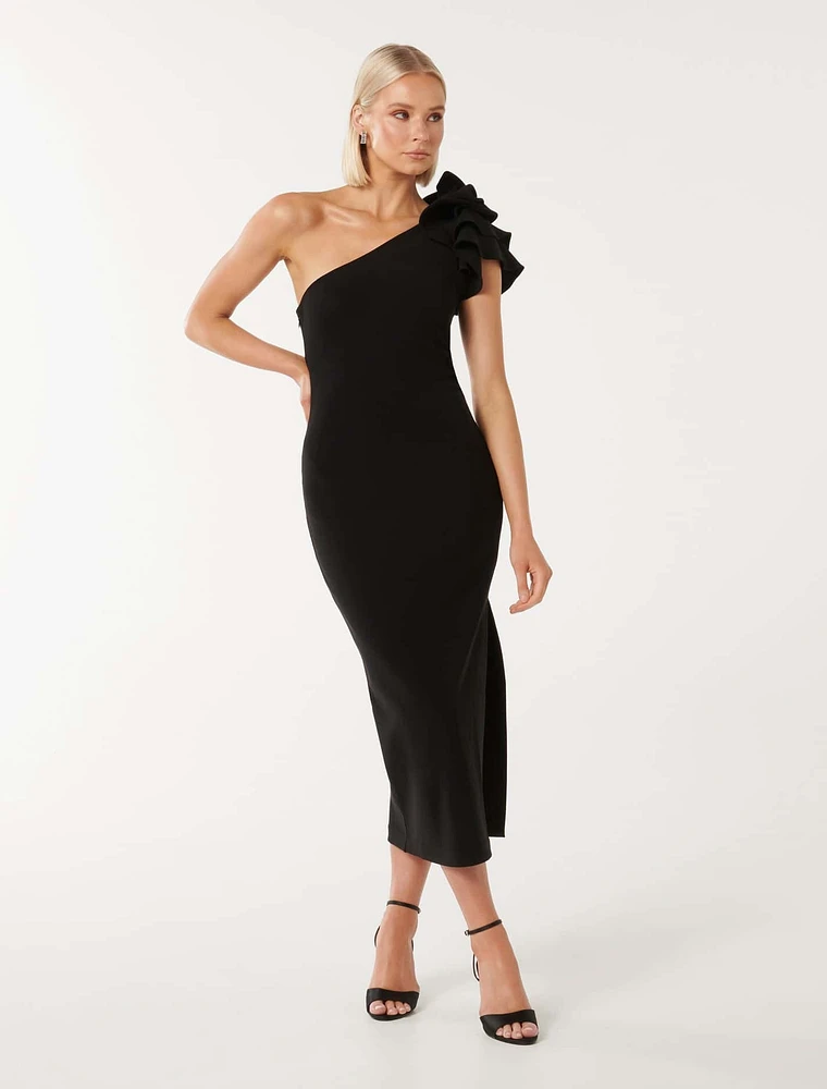 Celeste One-Shoulder Ruffle Bodycon Dress Black