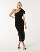 Celeste One-Shoulder Ruffle Bodycon Dress Black