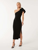 Celeste One-Shoulder Ruffle Bodycon Dress Black