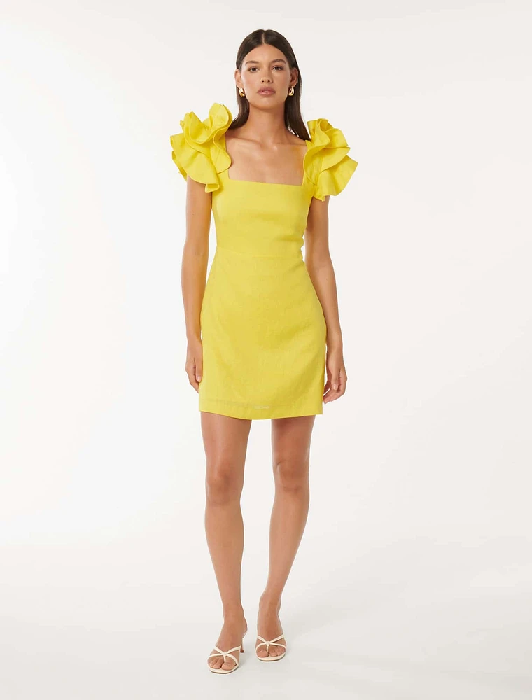 Mackenzie Ruffle-Sleeve Mini Dress Bright Yellow - 0 to 12 Women's Event Dresses