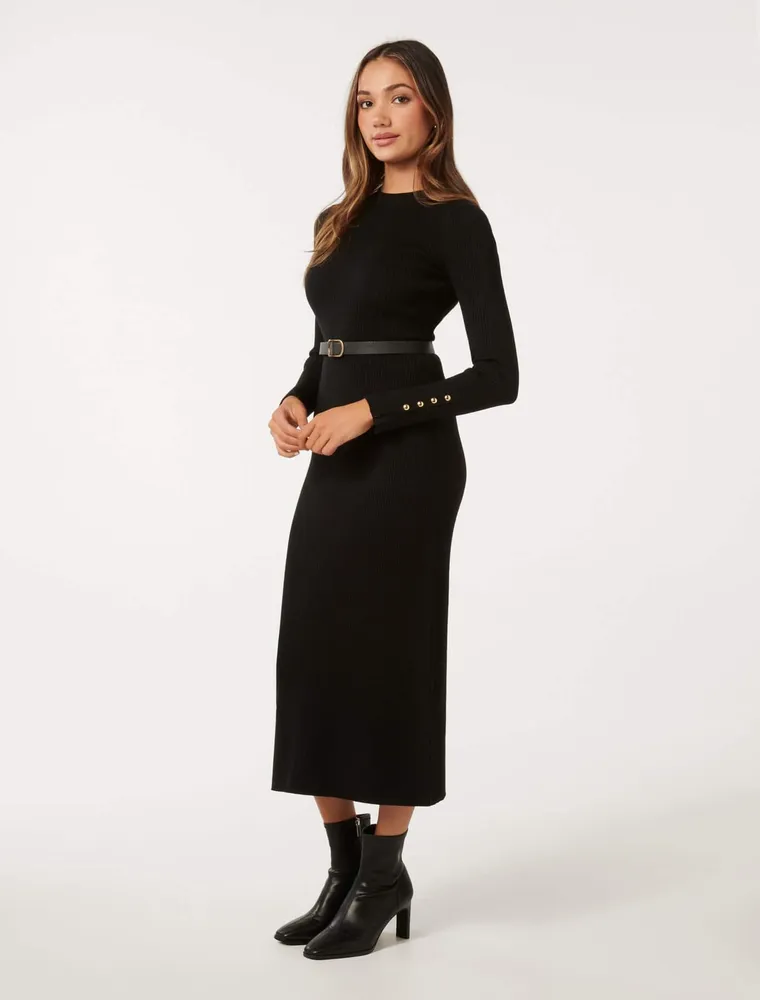 Hannah Petite Belted Midi Knit Dress Black - 0 to 12 Women's Dresses