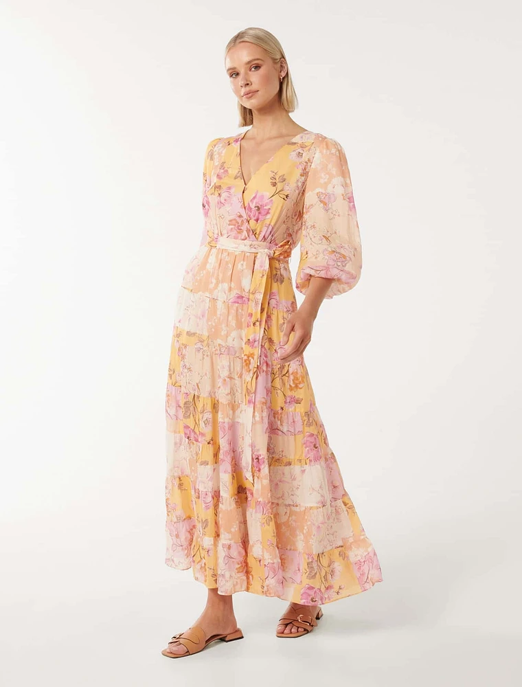 Imogen Tiered Wrap Midi Dress Mixed Floral Print - 0 to 12 Women's Dresses