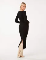 Evie Long-Sleeve Rib Knit Dress in Black - Size 0 to 12 - Women's Midi Dresses