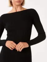 Evie Long-Sleeve Rib Knit Dress in Black - Size 0 to 12 - Women's Midi Dresses