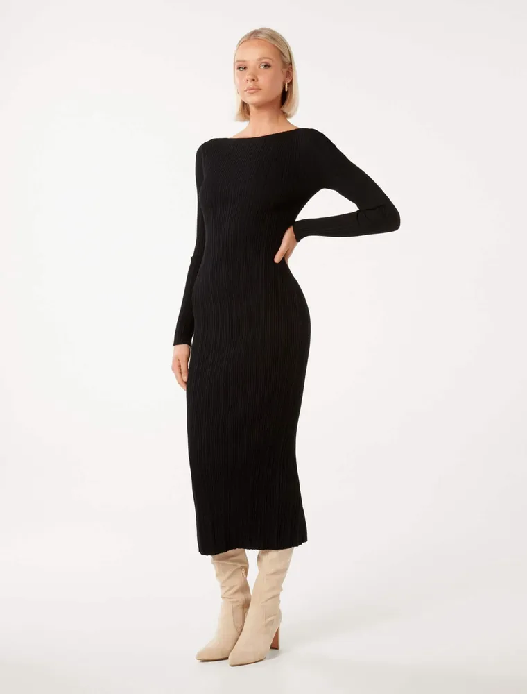 Evie Long-Sleeve Rib Knit Dress in Black - Size 0 to 12 - Women's Midi Dresses