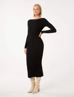 Evie Long-Sleeve Rib Knit Dress in Black - Size 0 to 12 - Women's Midi Dresses