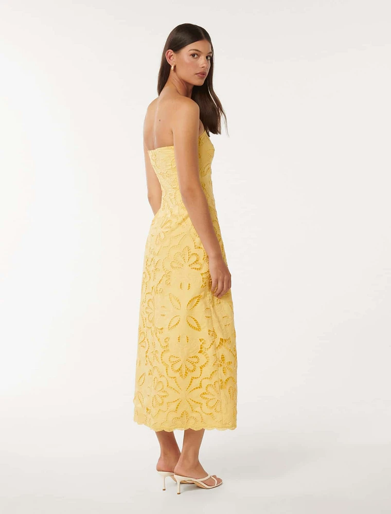 Daphne Broderie Strapless Midi Dress Yellow - 0 to 12 Women's Occasion Dresses