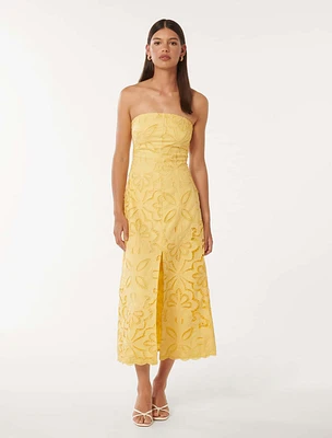 Daphne Broderie Strapless Midi Dress Yellow - 0 to 12 Women's Occasion Dresses
