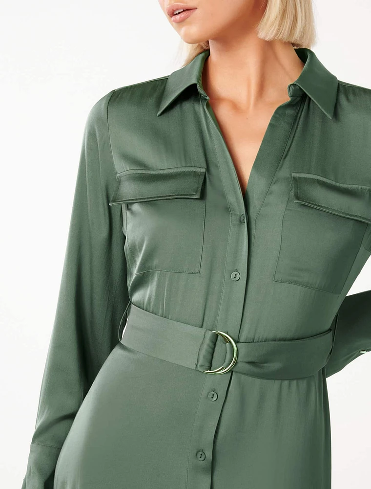 Piper Shirt Dress in Olive Green - Size 0 to 12 - Women's Midi Dresses